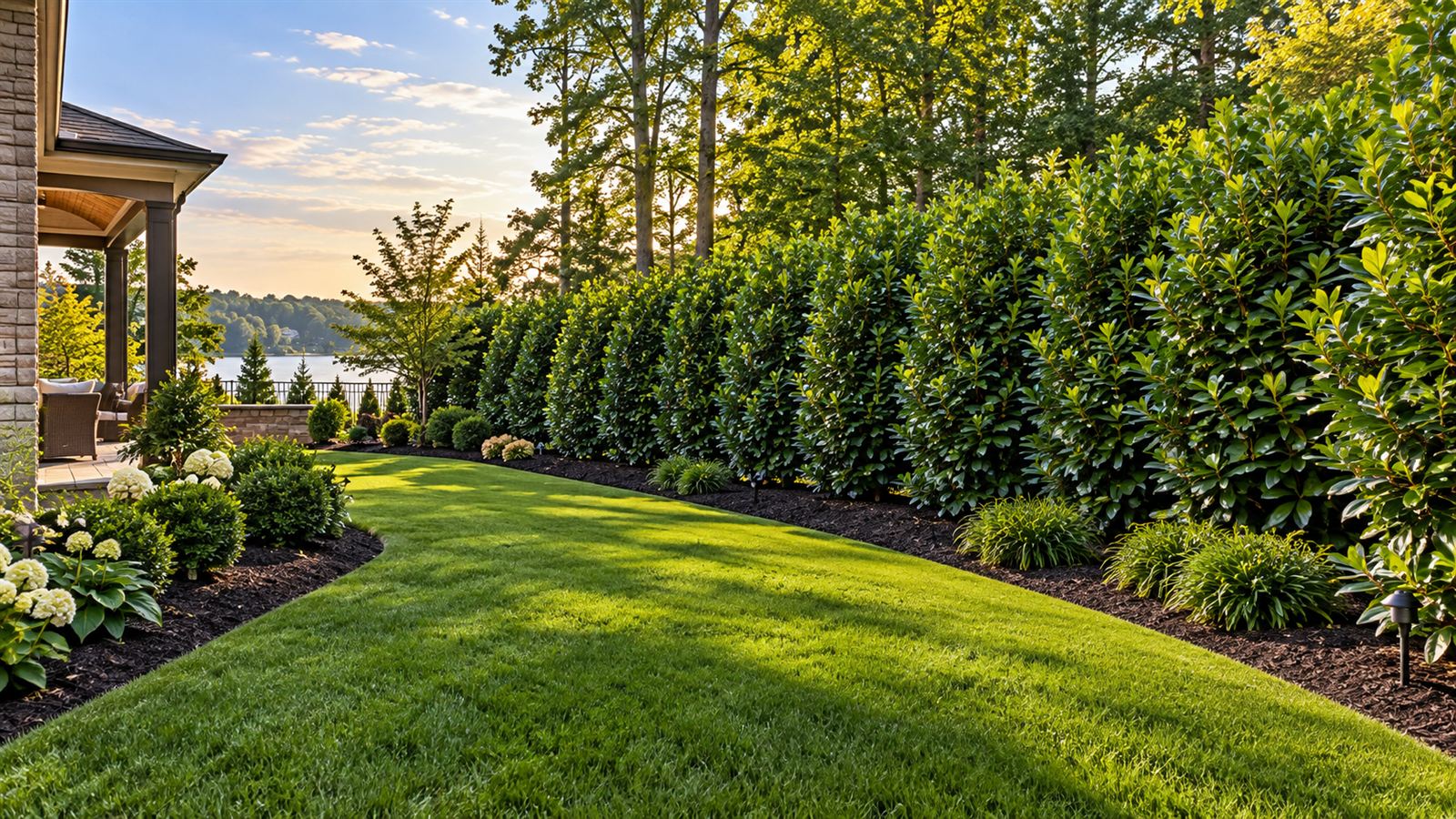 Dense evergreen privacy hedge along a landscaped lawn